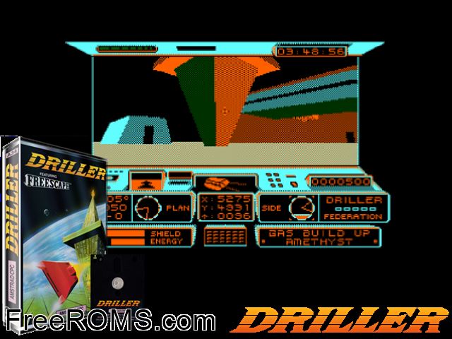 Driller (UK) (1988) [a1] Amstrad CPC game showing 3D box cover and gameplay screenshot